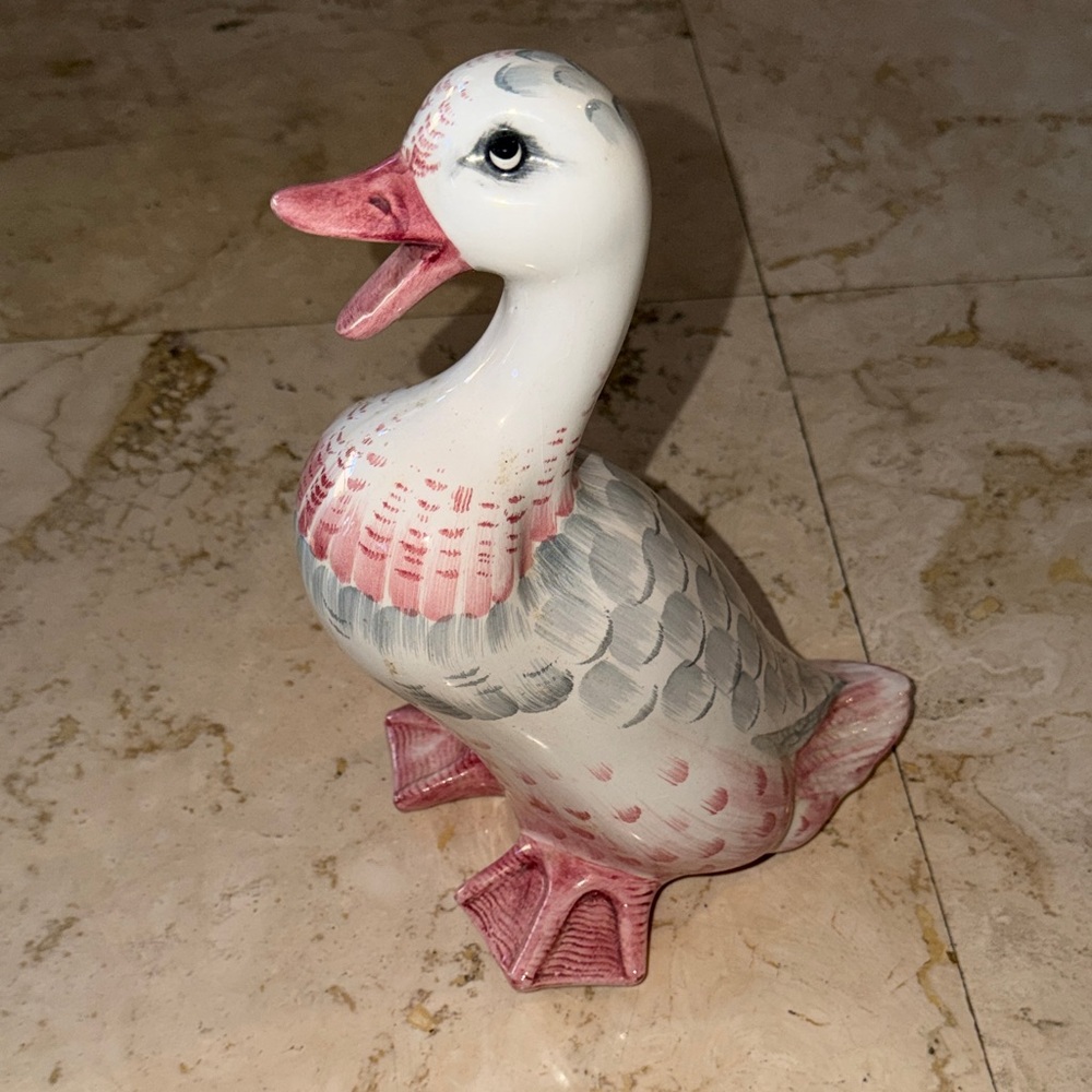 Charming Italian Duck Figurine Hand Painted Pink Accents signed.